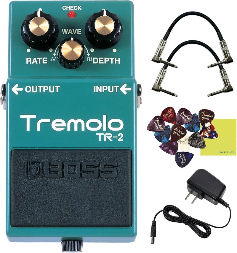 Liquid Audio Boss TR-2 Tremolo Pedal Bundle w/ 2-Pack Strukture S6P48 Woven Right Angle Patch Cable, 12-Pack Guitar Pick, 9V Power Adapter and Polishing Cloth - Image 1